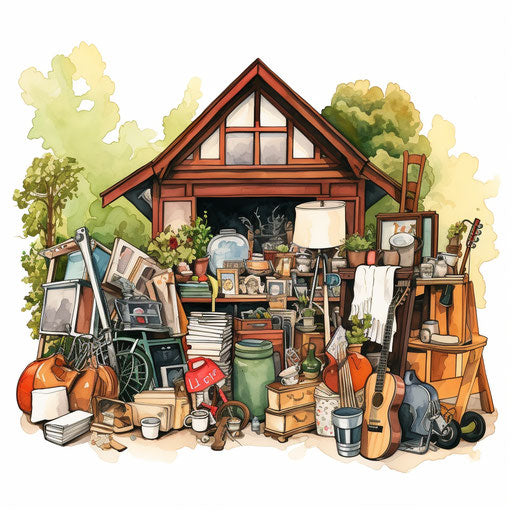 Yard sale artwork in the style of Oil painting, on white background
