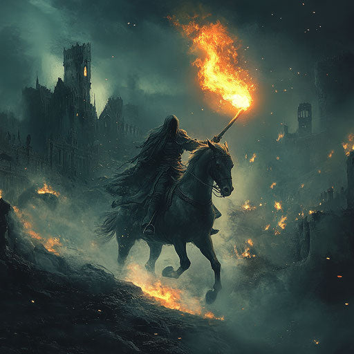 Headless rider with burning scythe galloping through ancient battlefield