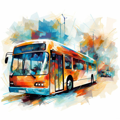 Impressionistic art of a bus, white background
