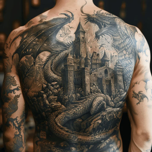 Detailed fantasy back tattoos for men with dragons and castles