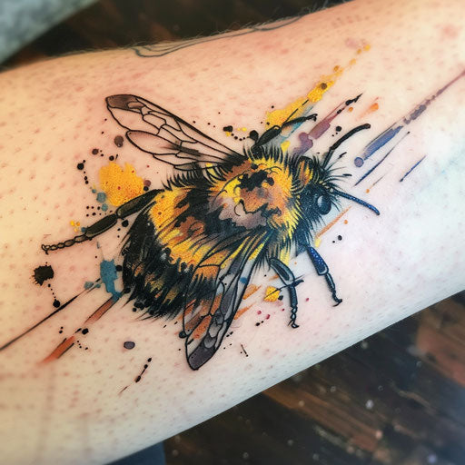 Abstract bee tattoo, surreal elements and colorful splashes