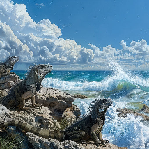 Iguanas sunbathing on a rocky outcrop by the sea