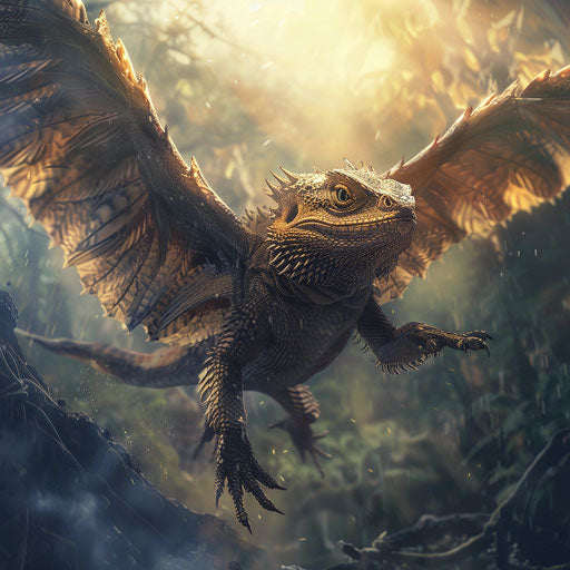 Ethereal bearded dragon with wings soaring above mystical lands