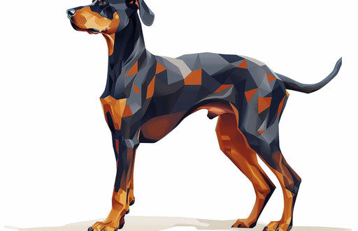 Elegant Doberman on white background, golden and dark blue style