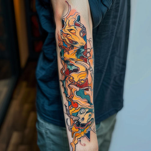 Abstract flat tattoo sketch with fragmented, colorful depiction of hell