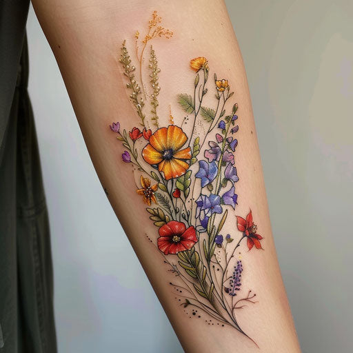 Surreal wildflower tattoo, dreamlike elements, unusual colors, imaginative design