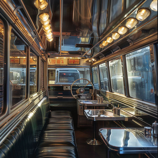 Reflection of a 1980 Range Rover in polished chrome of a classic diner