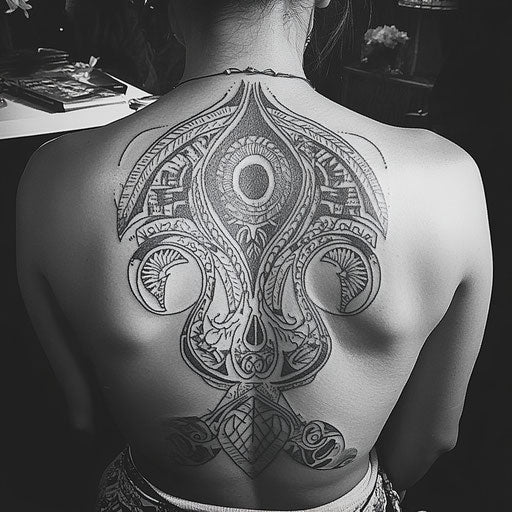 Female back tattoo in Ami James style with Polynesian tribal patterns