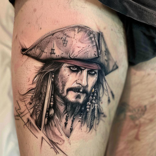 Classic pirate portrait with eye patch and hat on white background