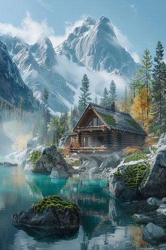 Wooden cabin by an alpine lake, rocky mountains in background