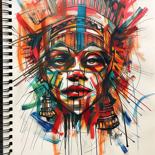 Expressionist tattoo sketch with dynamic brush strokes and vivid colors