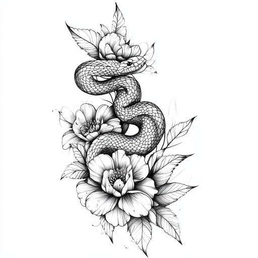 Hand-drawn snake hand tattoo with delicate flowers