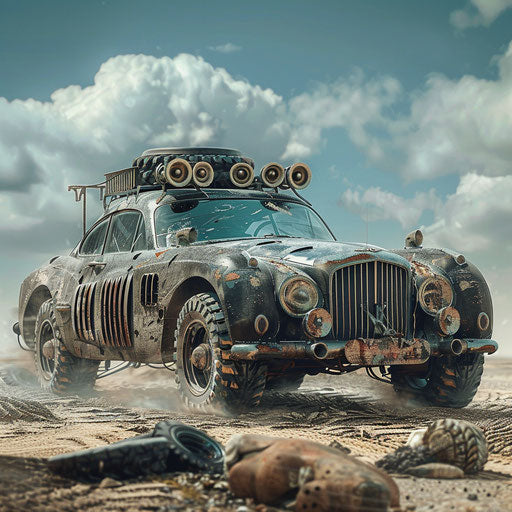 Post-apocalyptic Bentley R Type navigating wasteland