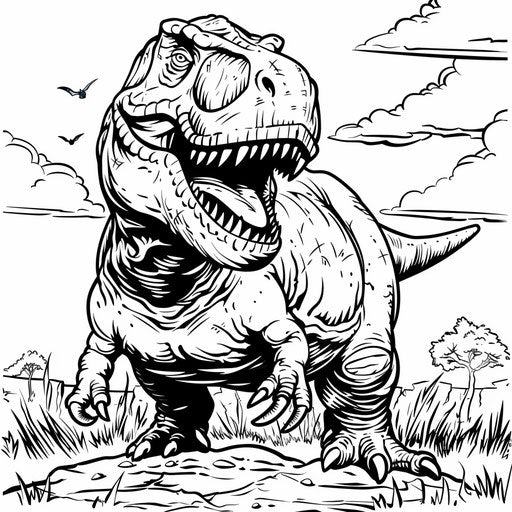 A satirical T-Rex in a political cartoon setting, coloring book page