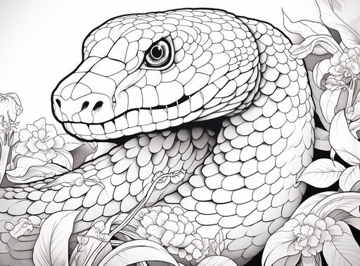 Coloring page of a snake in an exotic motif, natural monochrome ink style 15:11