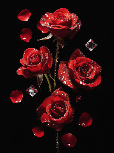 Three red roses with water drops and diamonds, on black background, red rose petals. 29:39