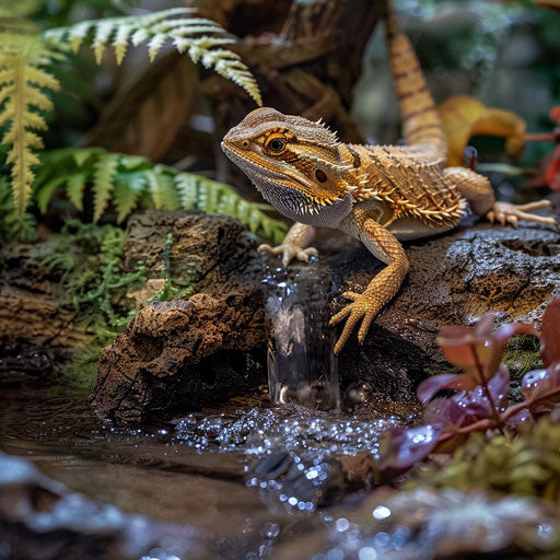 A bearded dragon interacts with a small stream of water