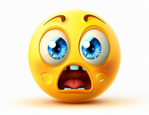 Scared cute emoji clipart, yellow with blue eyes and open mouth on white background