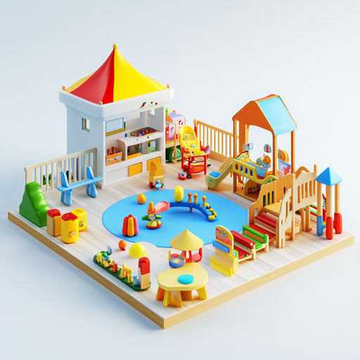 3D daycare in photorealistic style on flat white background