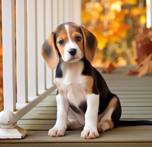 Beagle puppy sitting on the front porch