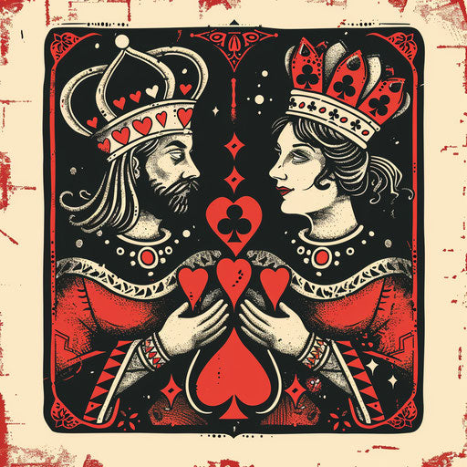 Vintage tattoo sketch of classic king and queen from playing cards in vibrant red and black, clipart style