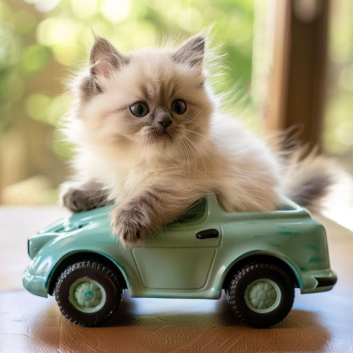Himalayan kitten in a toy car, ready for an adventure