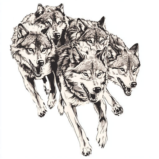 Flat black and white wolf pack tattoo