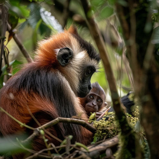 An intimate moment of a Zanzibar red colobus mother cradling her baby in a soft, mossy bed within the forest underbrush.