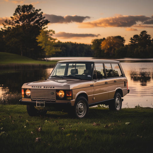 Fully restored classic Range Rover in golden hour light by tranquil lake