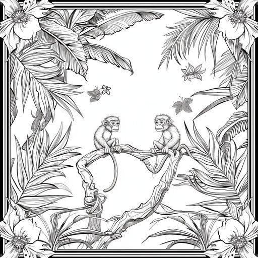 Detailed jungle scene with monkeys swinging from tree to tree