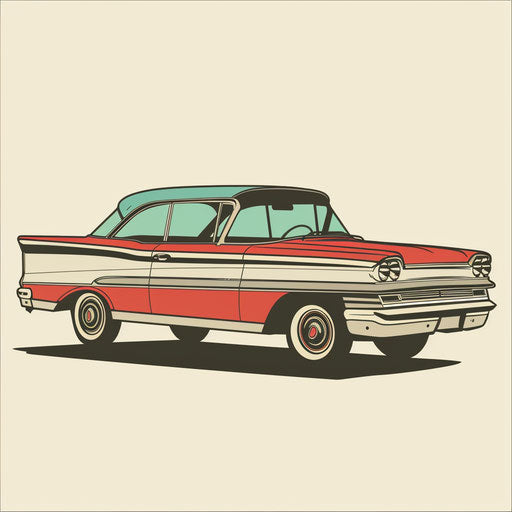 Flat tattoo sketch of a 1960s sedan with retro stripes and muted colors