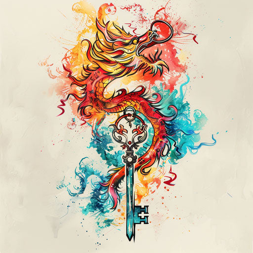 Dynamic sketch of a key transforming into a dragon, in a vibrant clipart style
