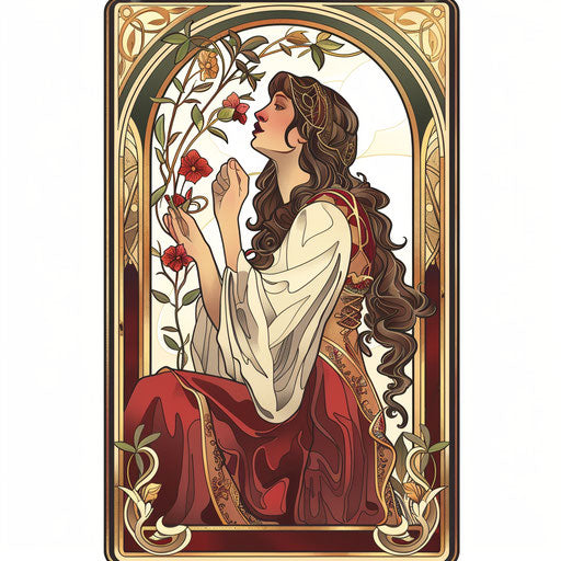 The Empress tarot card, ready for a tattoo, illustrated in an Art Nouveau style with flowing lines and organic forms, on a pristine white background.