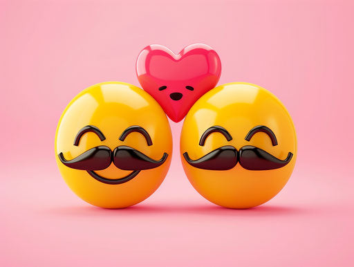 Smiling yellow heart with mustache on pink background for Valentine's Day
