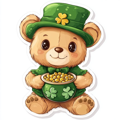 Sticker Design: Cute Teddy Bear with Green Hat and Matching Outfit Holding Pot of Gold, White Background, Shamrocks