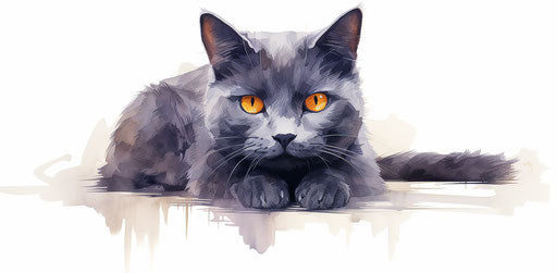 Grey cat with orange eyes on white background, dark purple and light indigo style