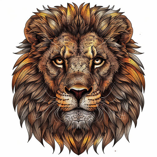 Flat clipart sketch for a dotwork tattoo of a majestic lion's face with a regal mane, golden and brown tones