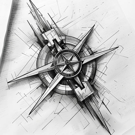 Futuristic tattoo sketch of a compass rose with metallic shades and sharp angular lines
