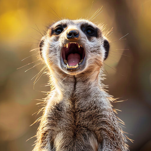 Meerkat mid-yawn, close-up teeth and expression, natural habitat