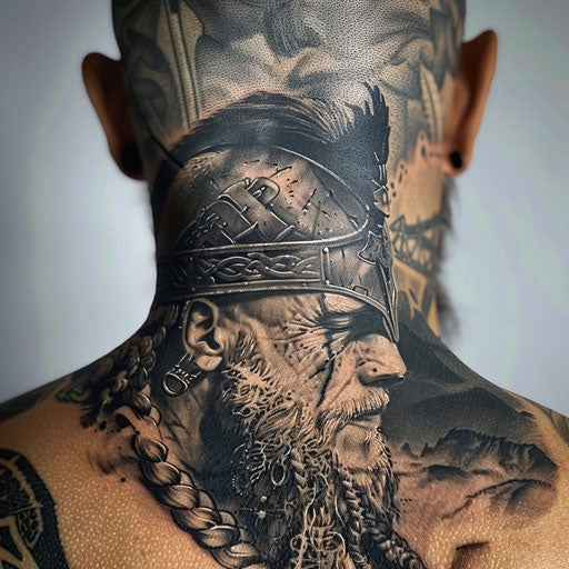 Viking warrior tattoo on the back of the neck