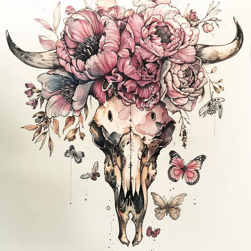 Elegant tattoo sketch of a cow skull adorned with peonies and butterflies in soft watercolor tones