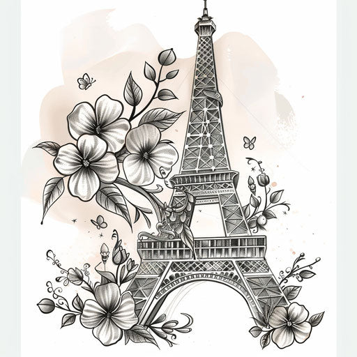 Flat tattoo sketch of girly design with Eiffel Tower in Paris