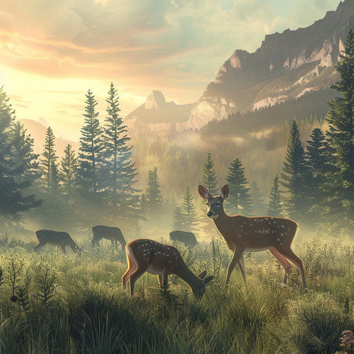 Deer family grazing in a misty meadow