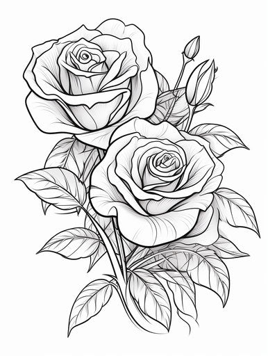Coloring pages of roses, in the style of flower and nature motifs, strong lines, delicate colors 3:4