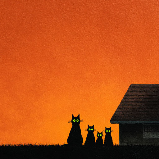 Four black cats silhouetted against an orange sky