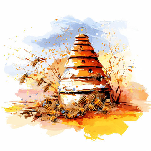 Beehive illustration in Impressionistic Art style, white bg