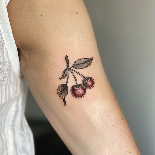 Nordic style cherry tattoo with minimalist design and cool colors