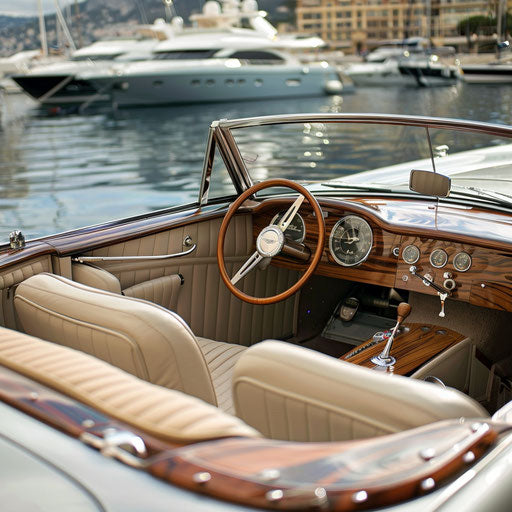 Luxury yacht-inspired Aston Martin DB6, with wood paneling and nautical details, showcased at a Monaco marina.