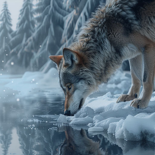 Wolf exploring the edge of an icy lake in a winter wonderland
