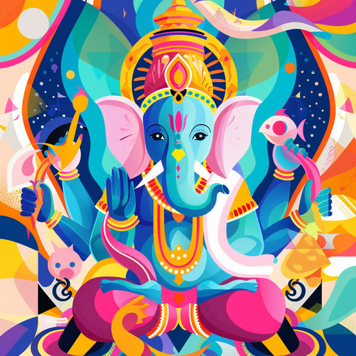 Vibrant Ganpati clipart set on colorful abstract background, embodying joy and spirituality